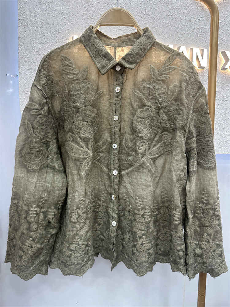 Sheer Crochet Lace Shirt With Scalloped Hem - Green - 1