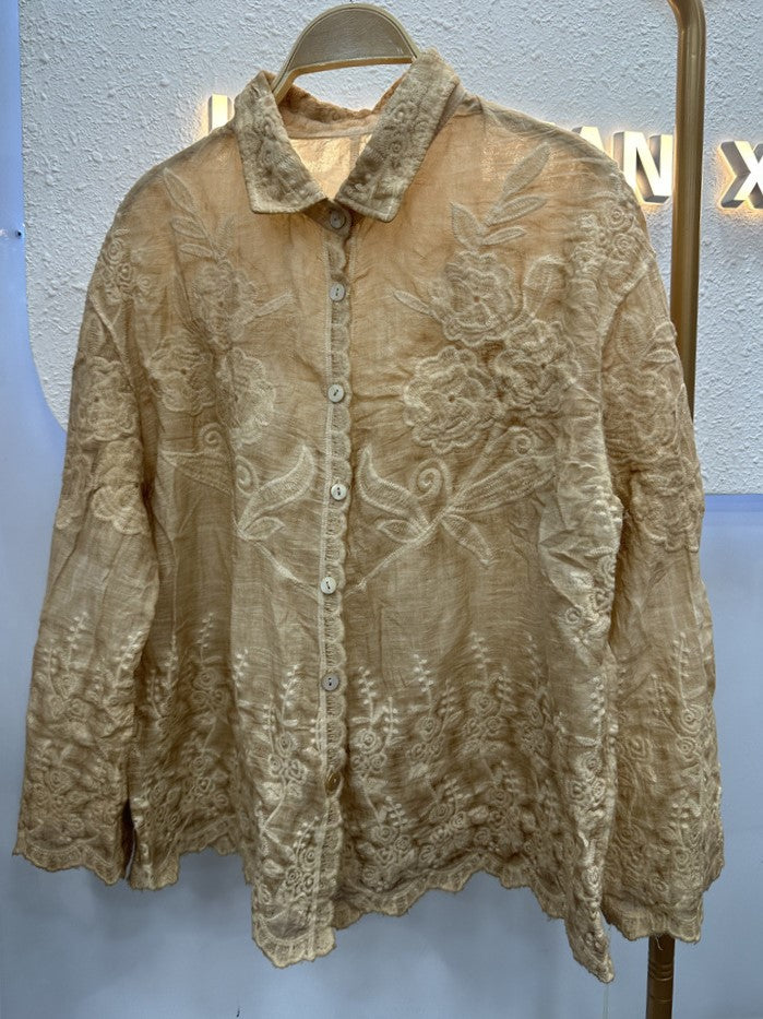 Sheer Crochet Lace Shirt With Scalloped Hem - Khaki