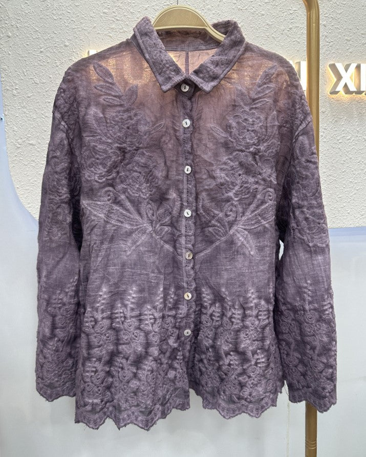Sheer Crochet Lace Shirt With Scalloped Hem - Purple