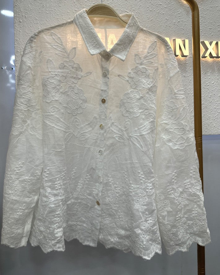 Sheer Crochet Lace Shirt With Scalloped Hem - White