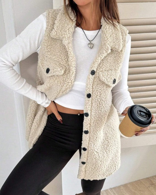 Faux Shearling Longline Sleeveless Jacket - Apricot