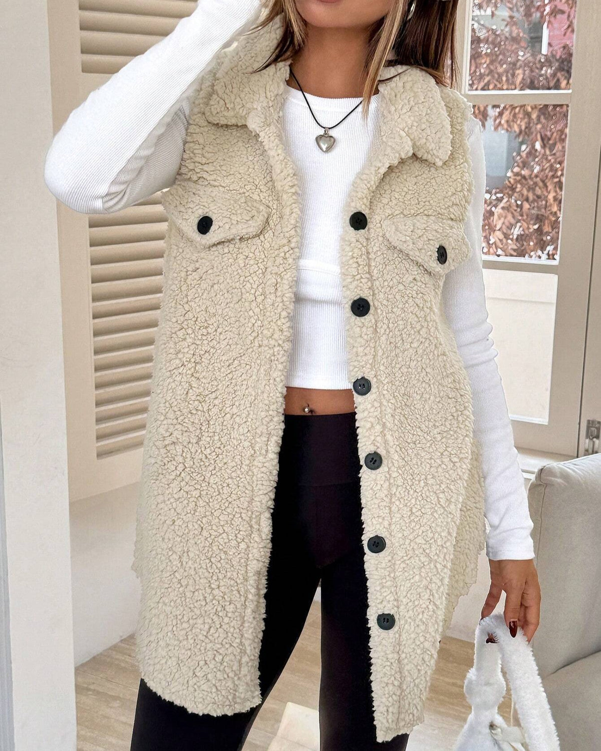 Faux Shearling Longline Sleeveless Jacket - Apricot - 1