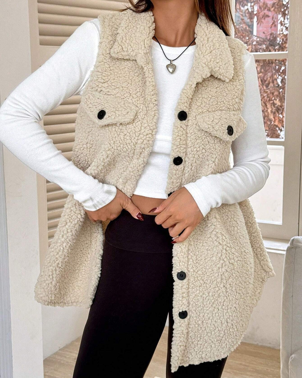 Faux Shearling Longline Sleeveless Jacket - Apricot - 2