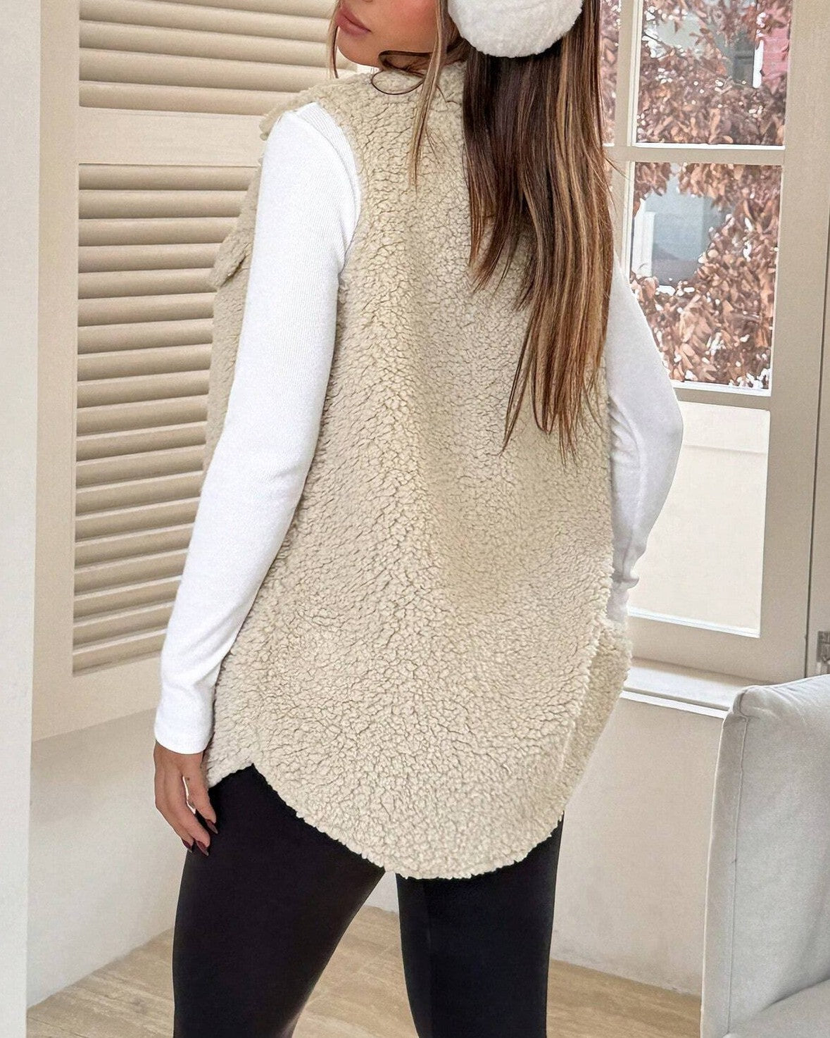 Faux Shearling Longline Sleeveless Jacket - Apricot - 3