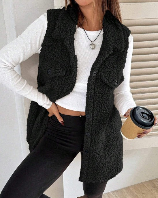 Faux Shearling Longline Sleeveless Jacket - Black
