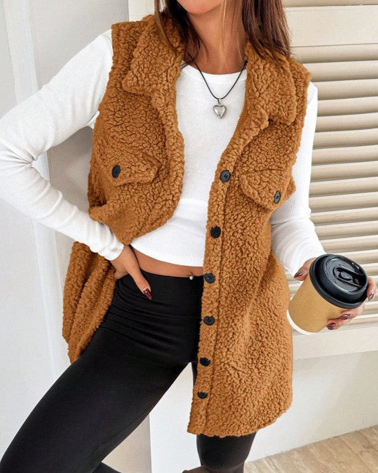 Faux Shearling Longline Sleeveless Jacket - Camel