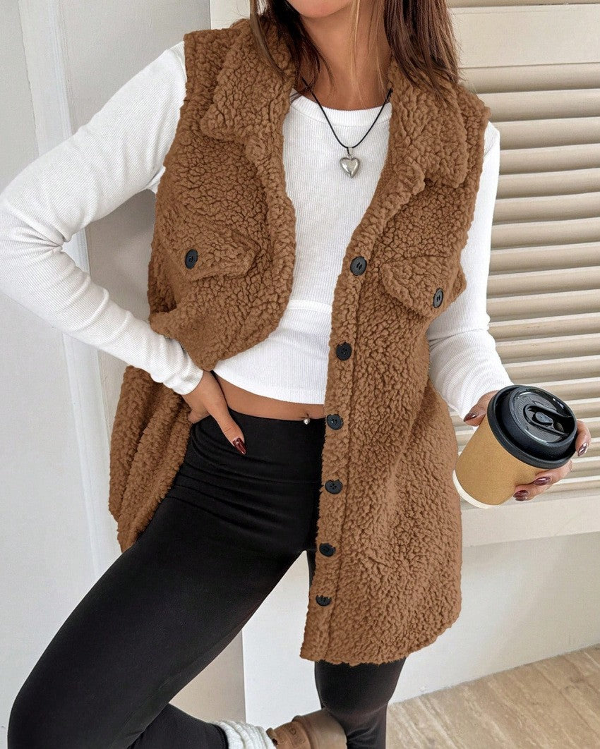 Faux Shearling Longline Sleeveless Jacket - Light-Camel