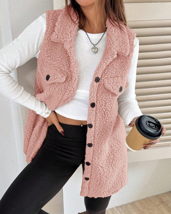 Faux Shearling Longline Sleeveless Jacket - Pink