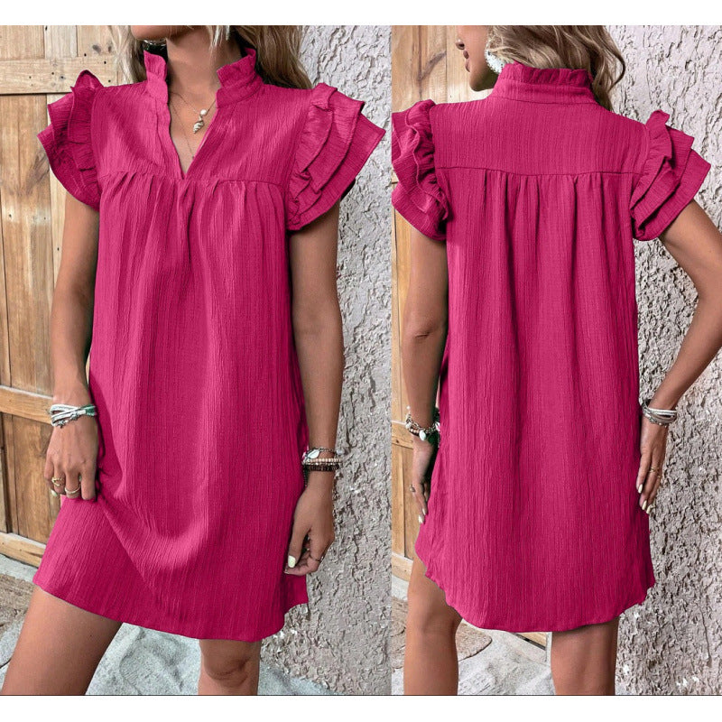Ruffle Sleeve Split Neck Shift Mini Dress - Rose