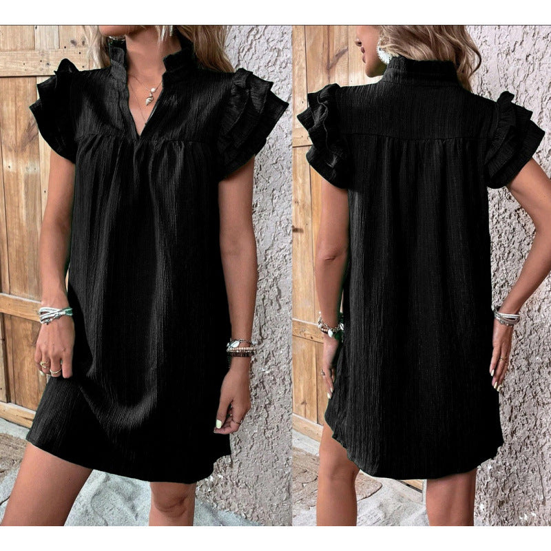 Ruffle Sleeve Split Neck Shift Mini Dress - black