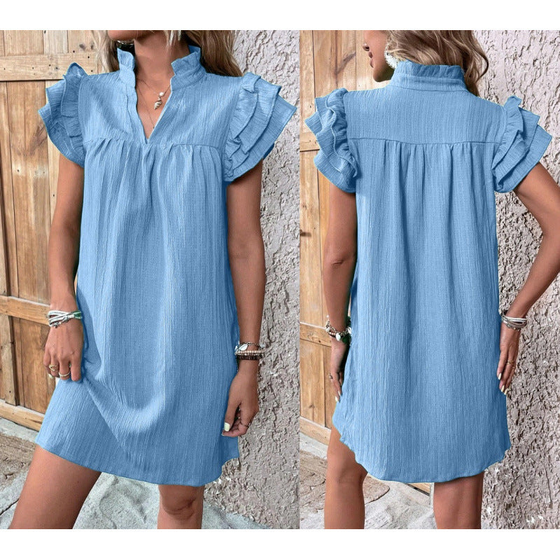Ruffle Sleeve Split Neck Shift Mini Dress - blue