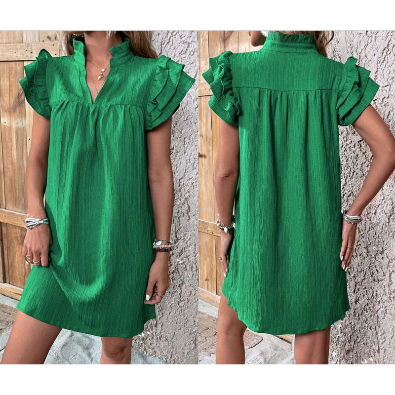 Ruffle Sleeve Split Neck Shift Mini Dress - green