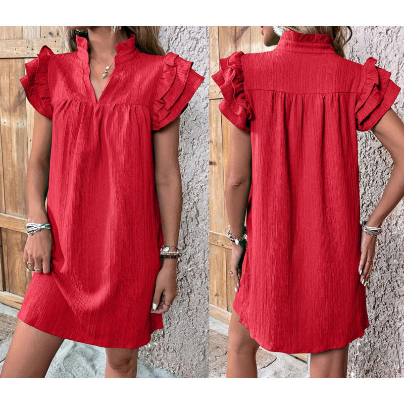 Ruffle Sleeve Split Neck Shift Mini Dress - red