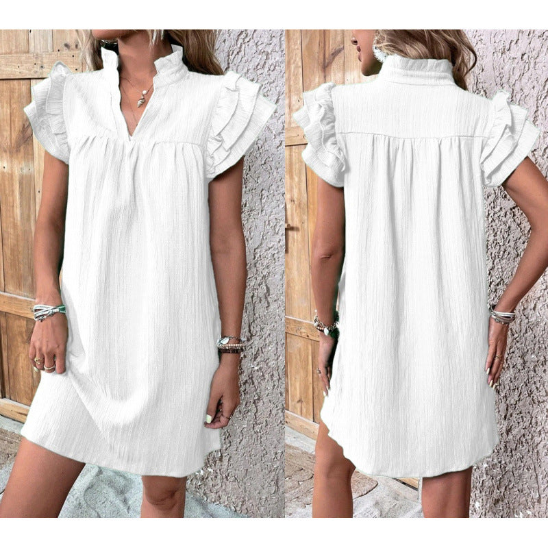 Ruffle Sleeve Split Neck Shift Mini Dress - white