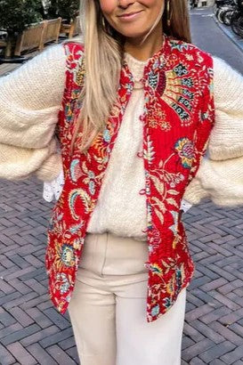 Reversible Block Print Quilted Vest - Red