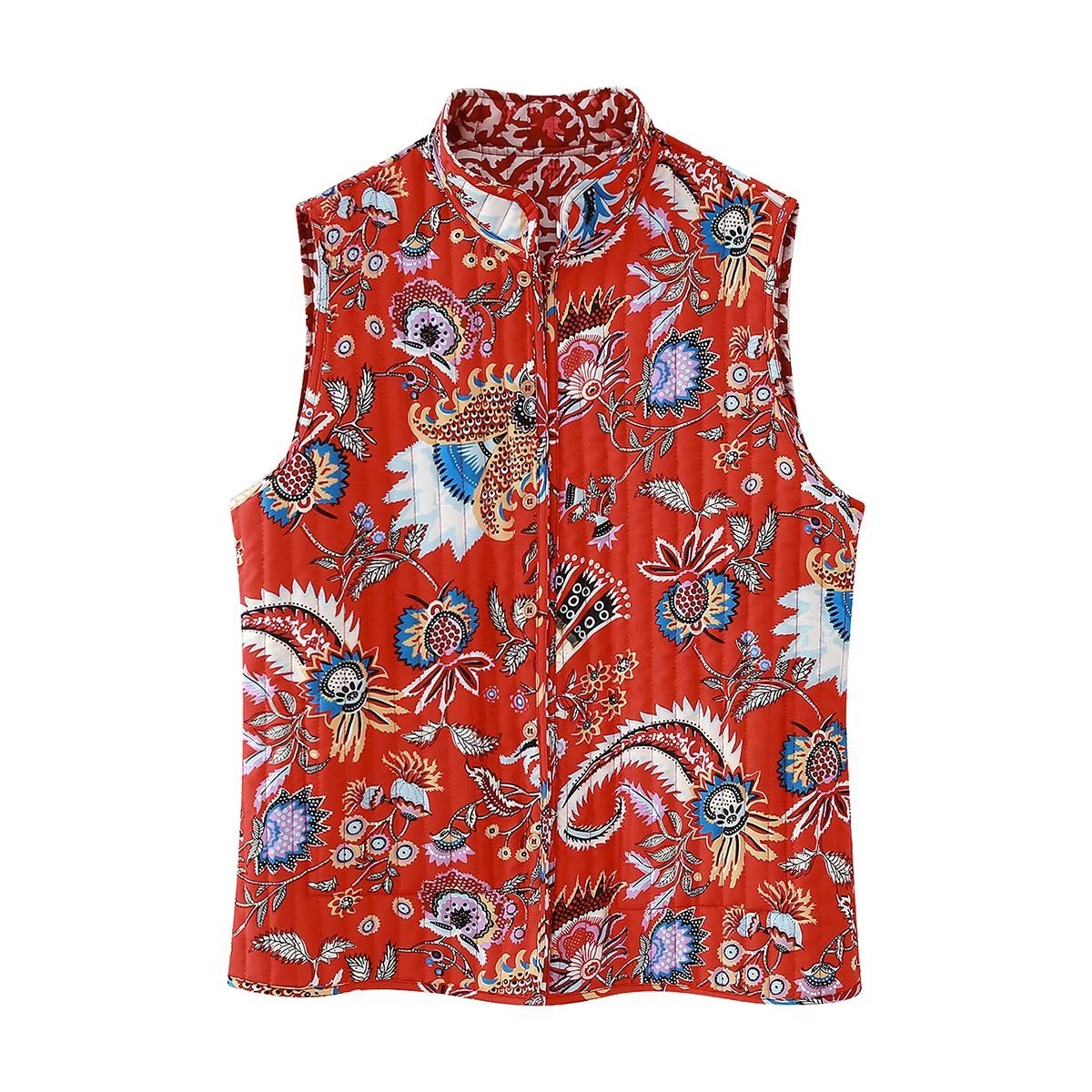 Reversible Block Print Quilted Vest - Red - 1