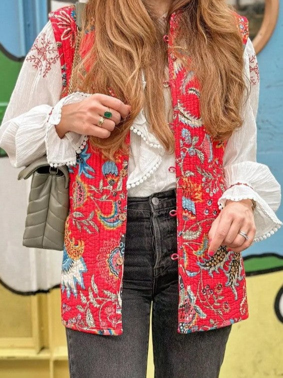 Reversible Block Print Quilted Vest - Red - 16