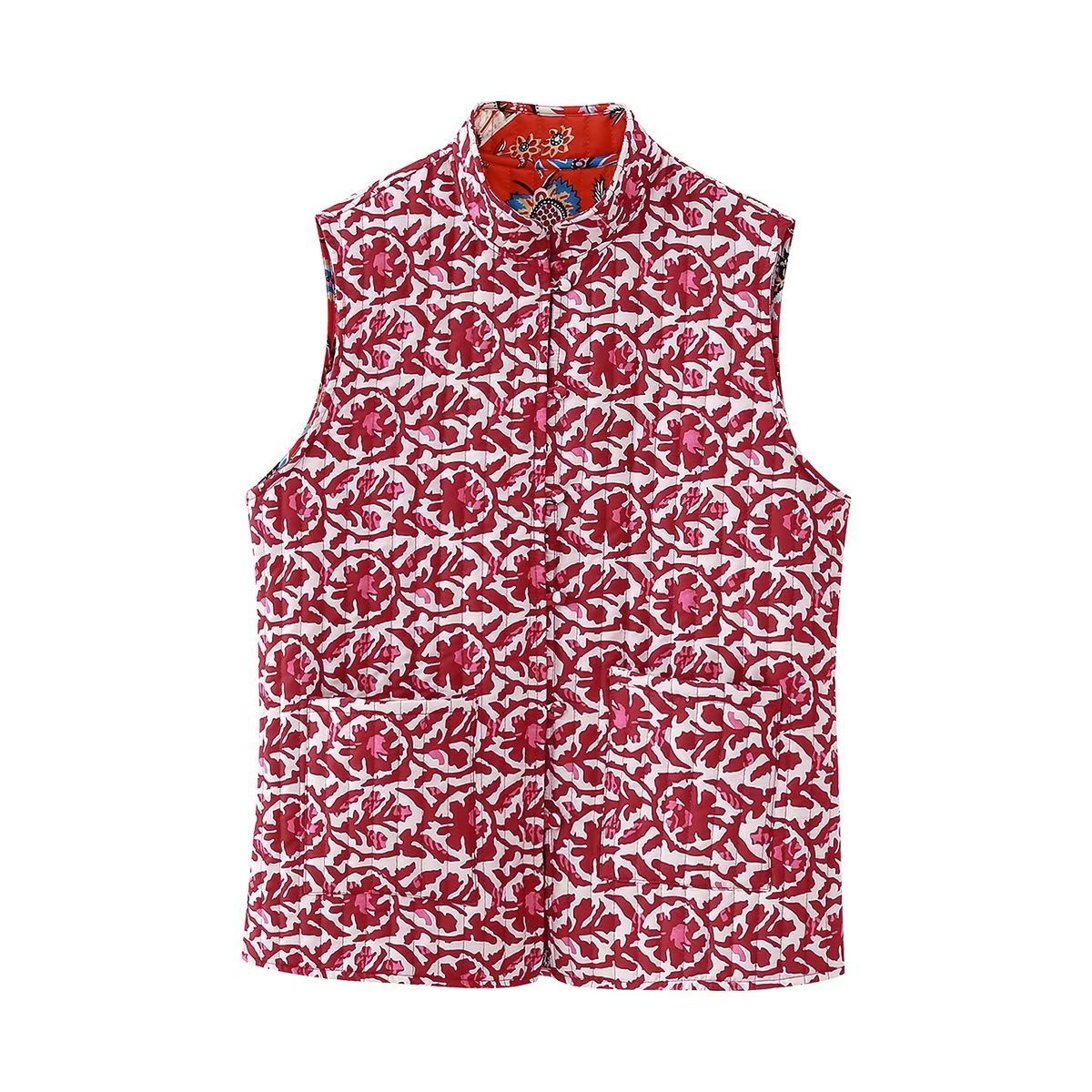 Reversible Block Print Quilted Vest - Red - 2