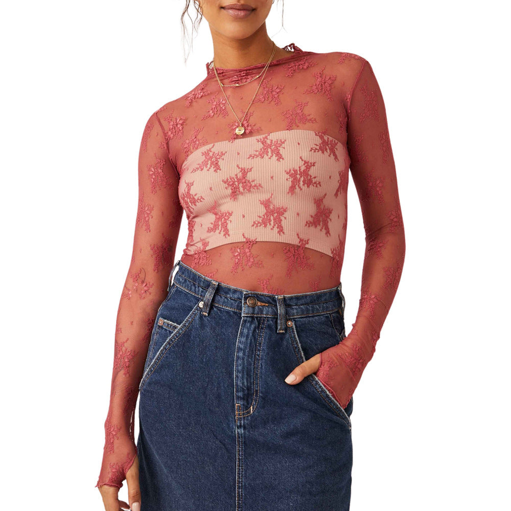 Sheer Floral Lace Mock Neck Top - Red