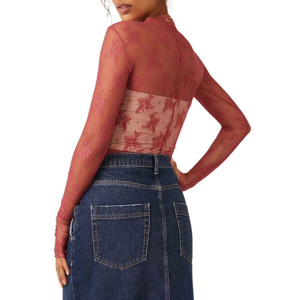 Sheer Floral Lace Mock Neck Top - Red - 1
