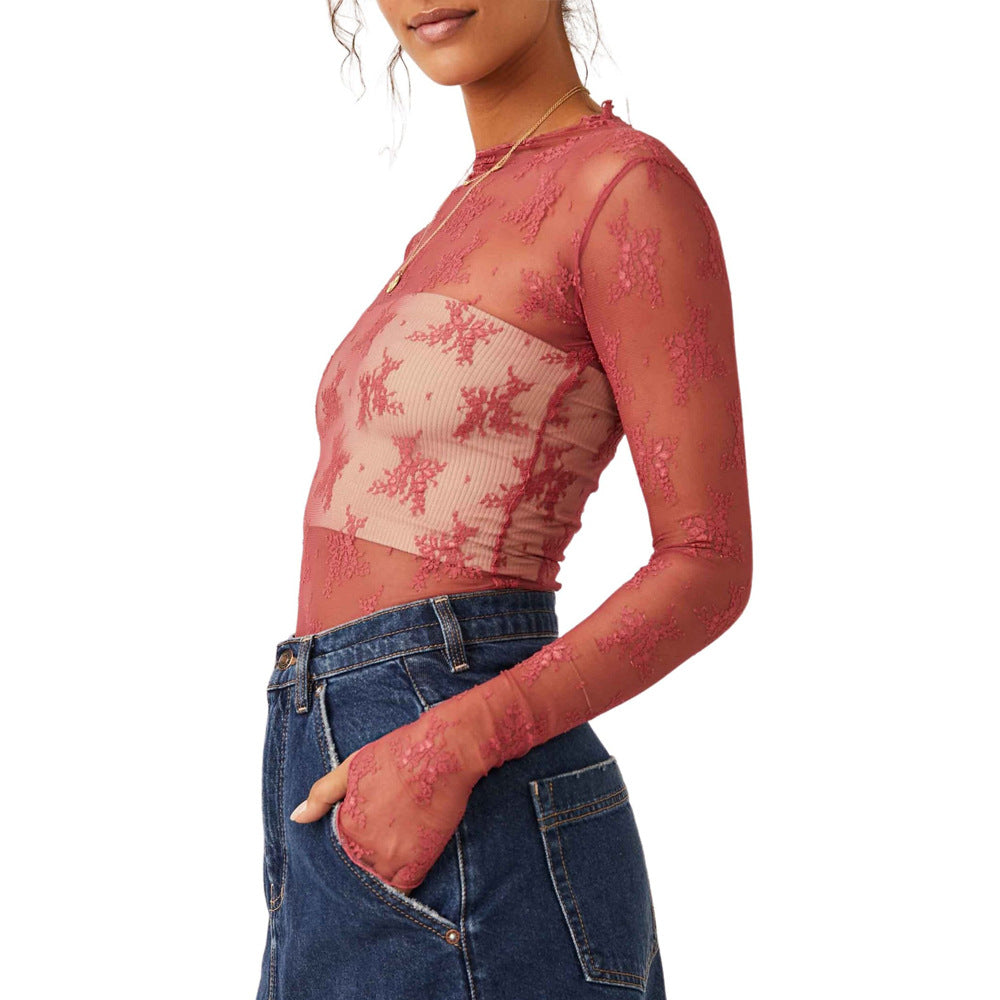 Sheer Floral Lace Mock Neck Top - Red - 2
