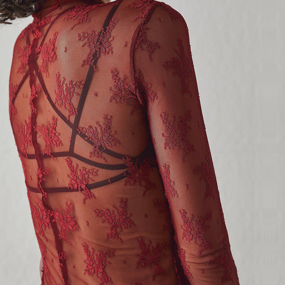 Sheer Floral Lace Mock Neck Top - Wine_red - 1