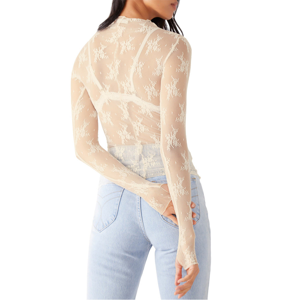 Sheer Floral Lace Mock Neck Top - white - 1