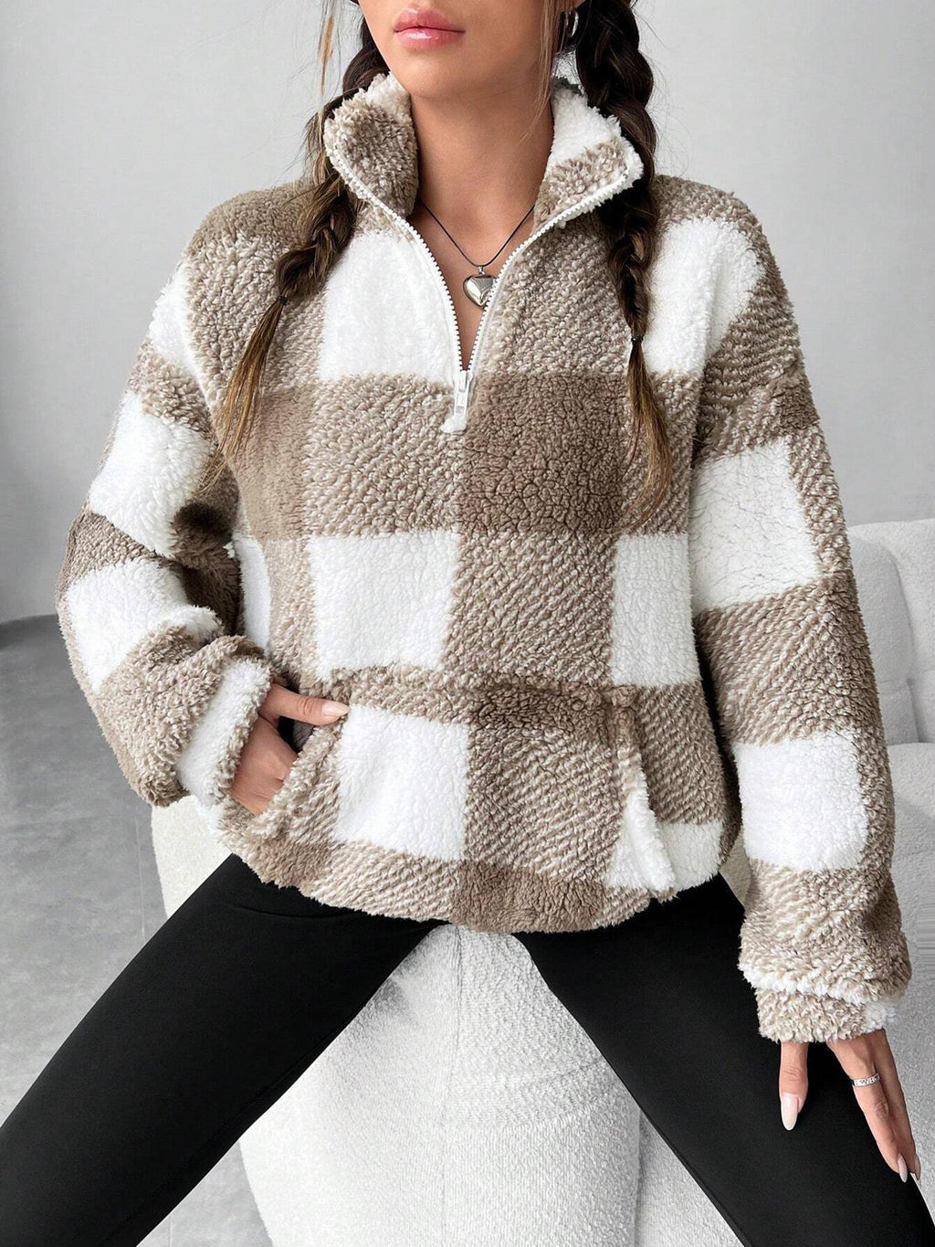 Buffalo Check Plush Fleece Quarter Zip Sweatshirt - Brown