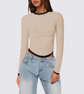 Contrast Trim Slim Long Sleeve Crop Top - Apricot