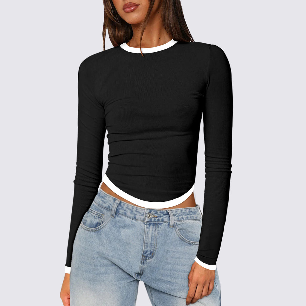 Contrast Trim Slim Long Sleeve Crop Top - Black