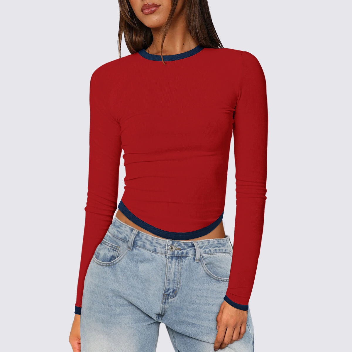 Contrast Trim Slim Long Sleeve Crop Top - Red