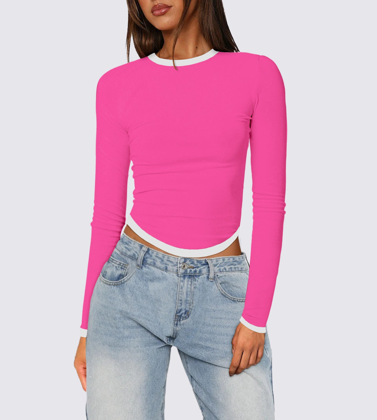 Contrast Trim Slim Long Sleeve Crop Top - Rose_Red
