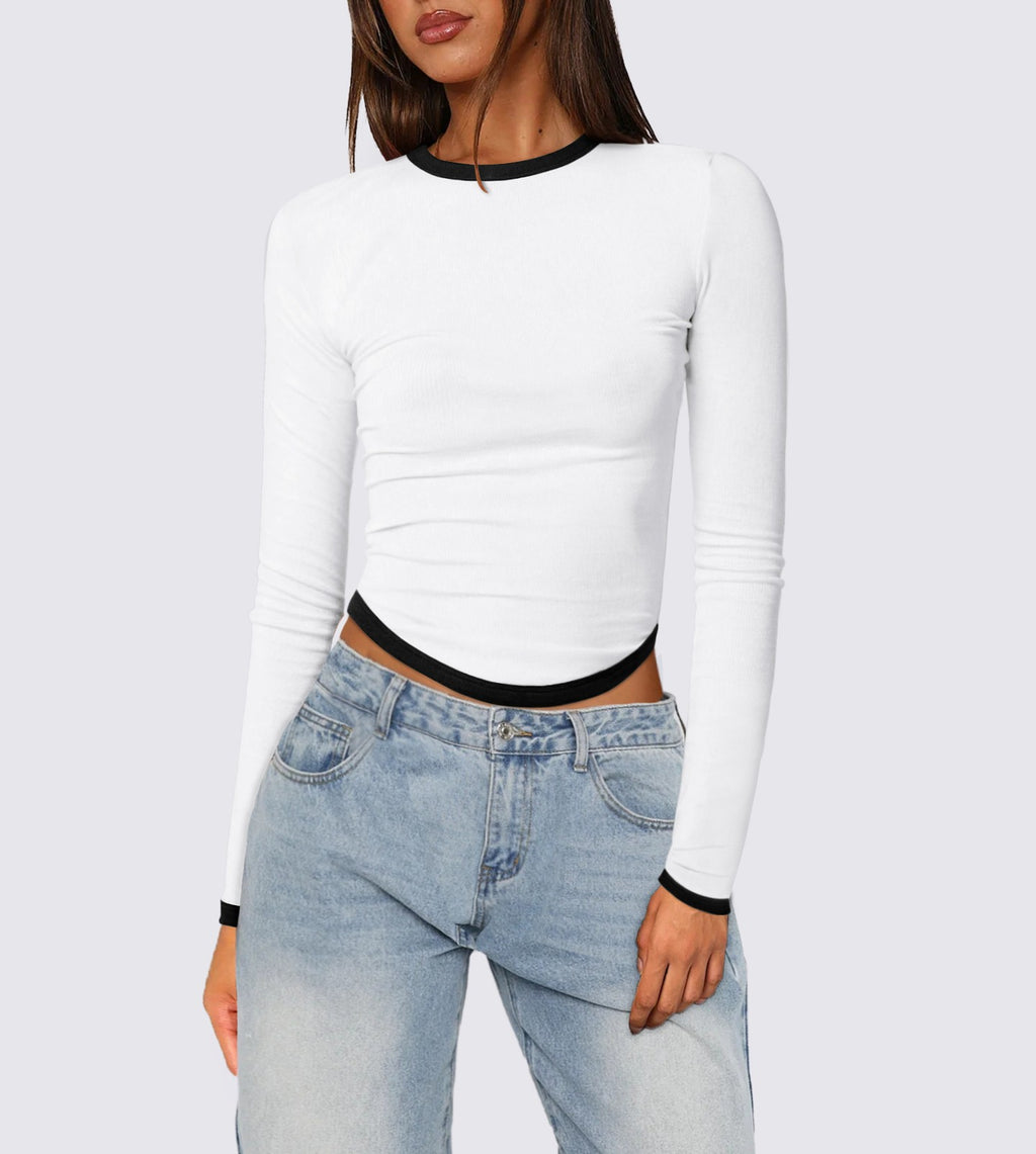 Contrast Trim Slim Long Sleeve Crop Top - White