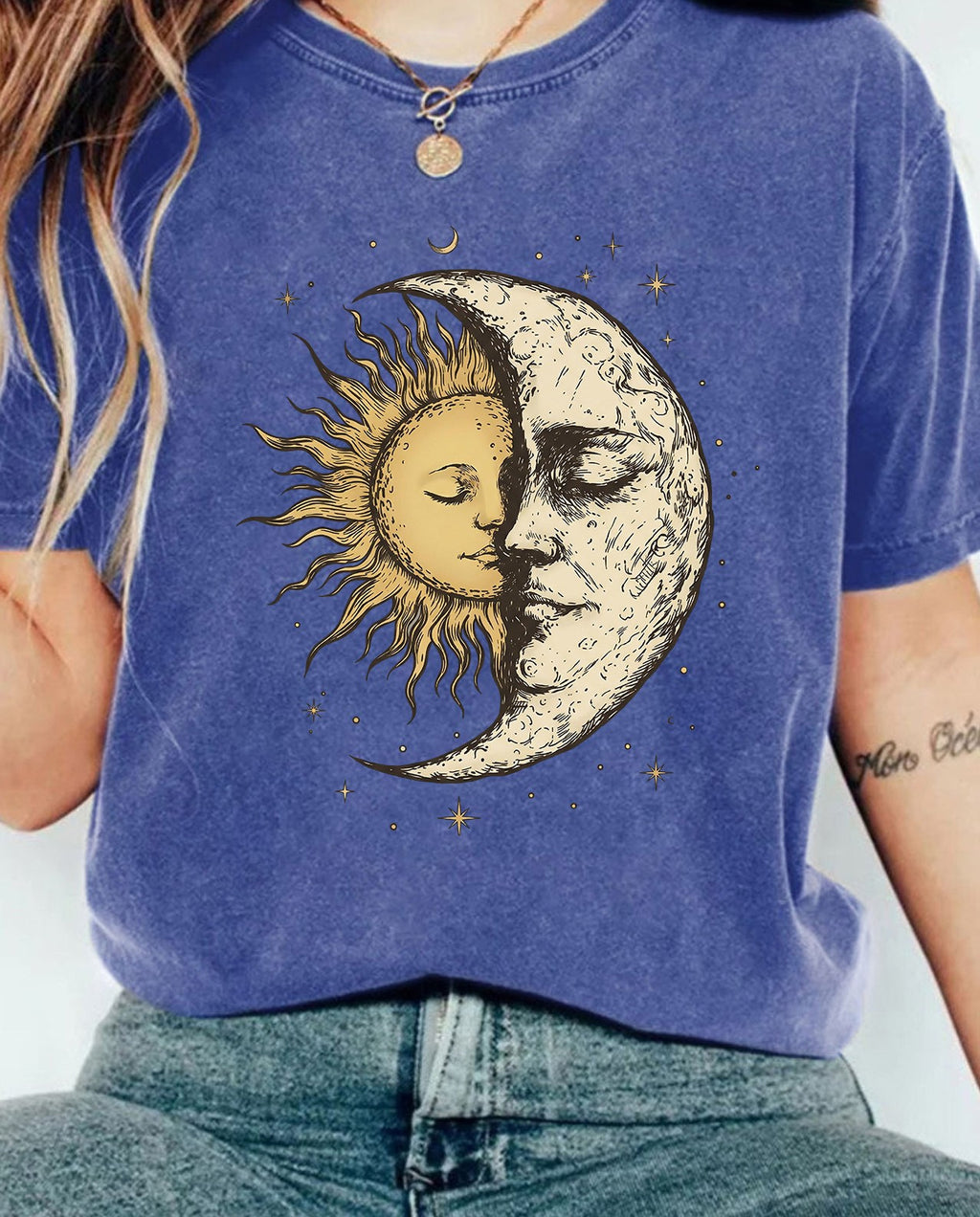 Celestial Moon And Sun Print Washed Tee - Blue