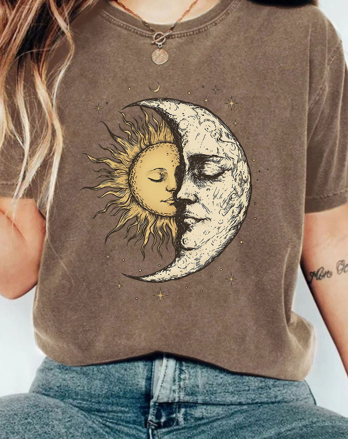 Celestial Moon And Sun Print Washed Tee - Coffee