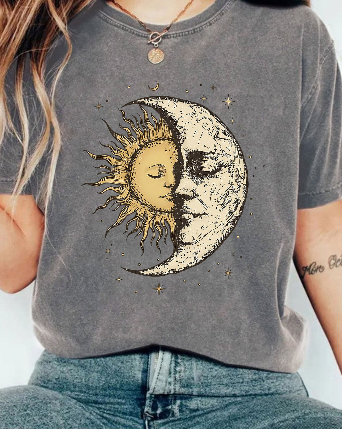 Celestial Moon And Sun Print Washed Tee - Grey