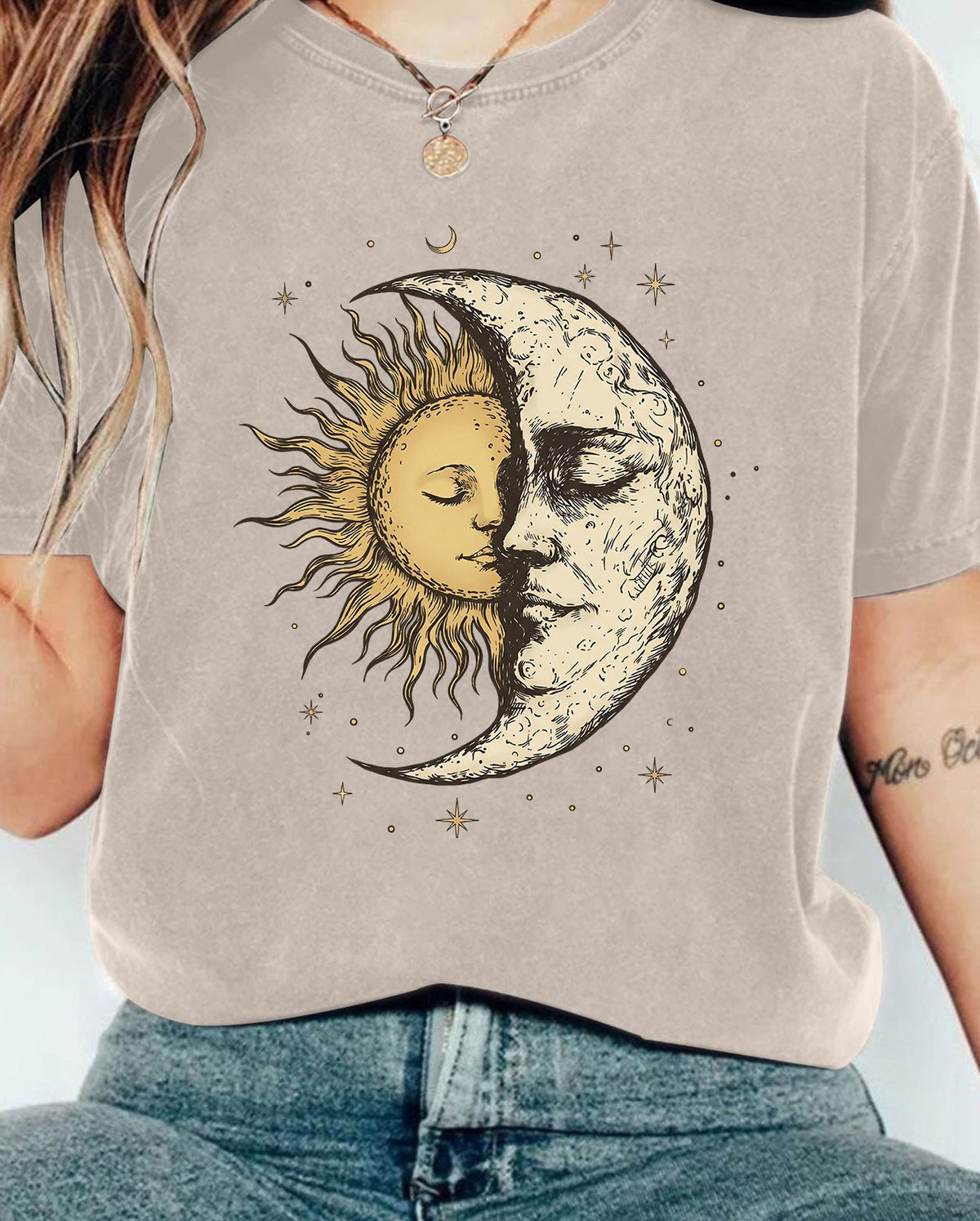 Celestial Moon And Sun Print Washed Tee - Khaki