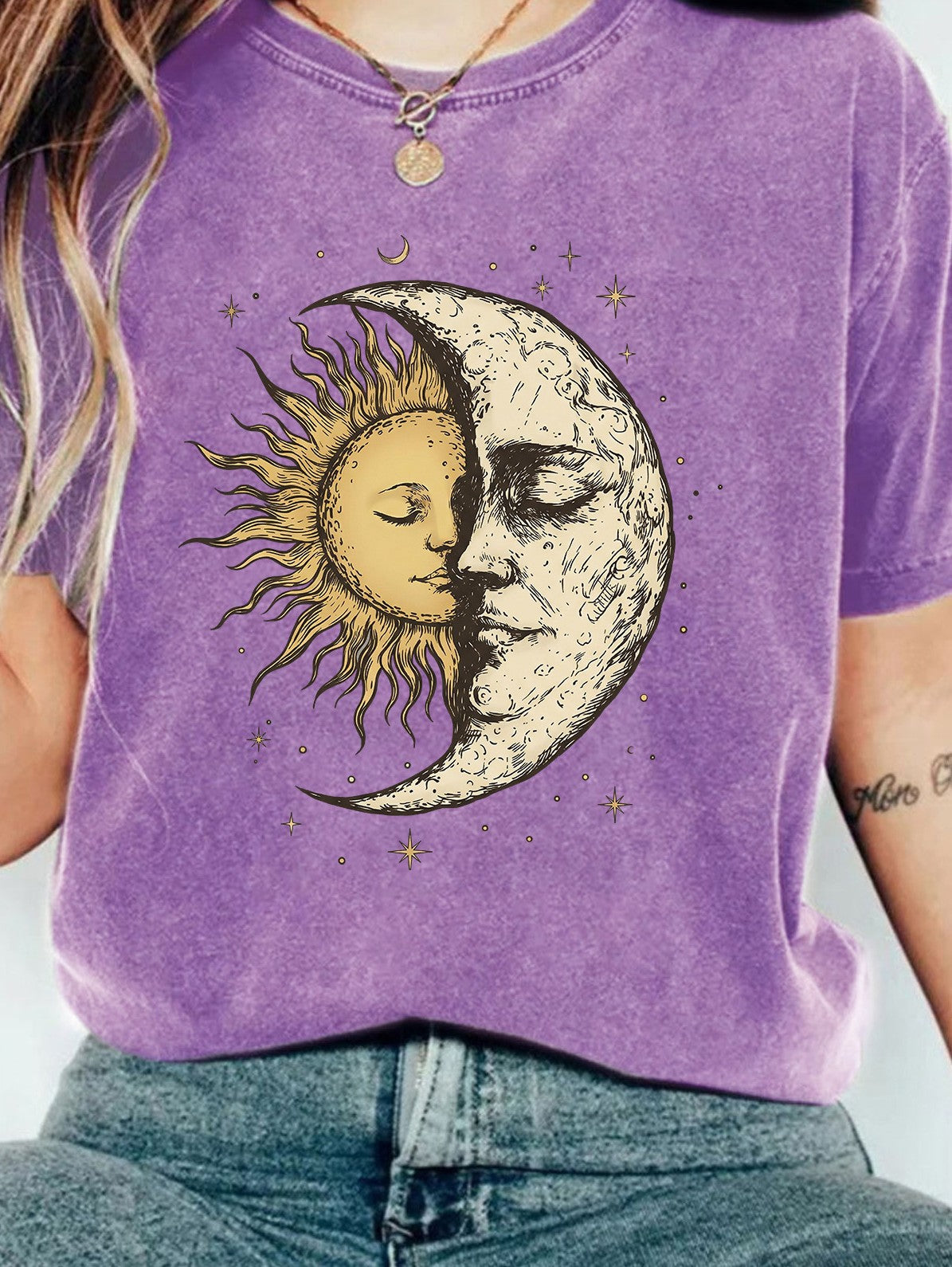 Celestial Moon And Sun Print Washed Tee - Purple