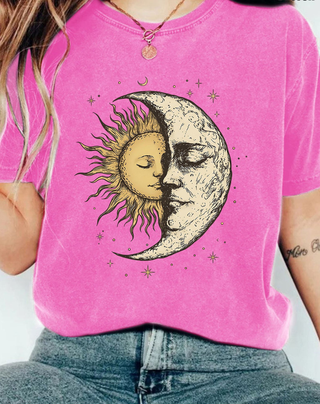 Celestial Moon And Sun Print Washed Tee - Rosered