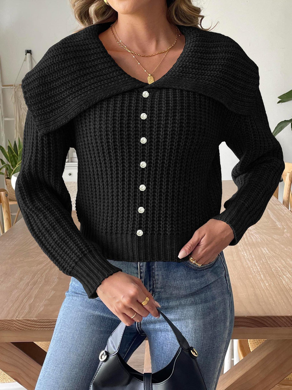 Wide Portrait Collar Ribbed Knit Jumper - Black