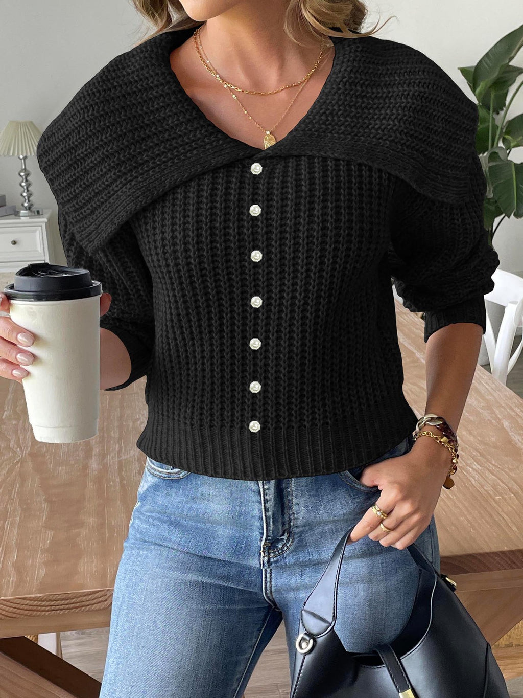 Wide Portrait Collar Ribbed Knit Jumper - Black - 1