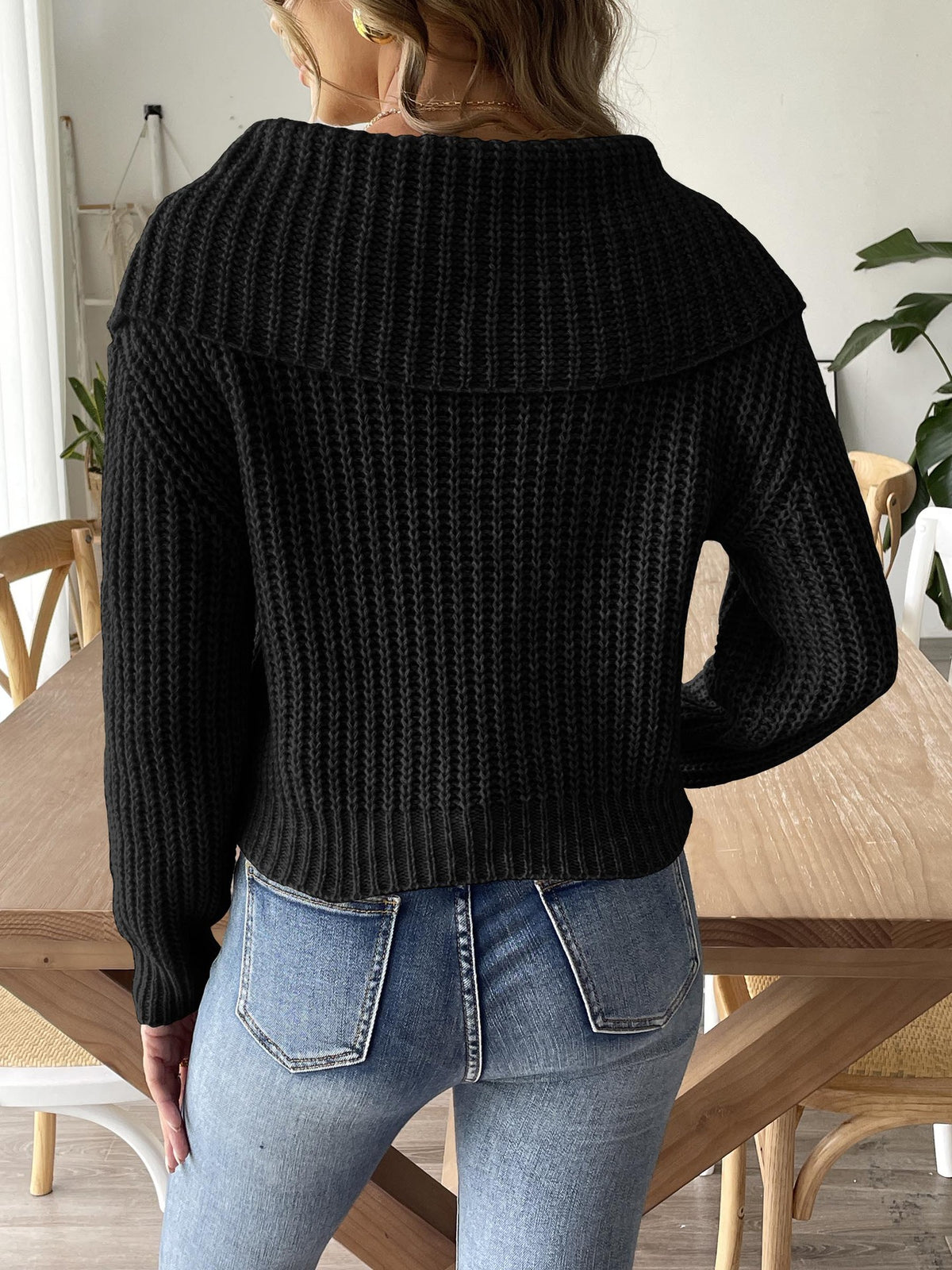 Wide Portrait Collar Ribbed Knit Jumper - Black - 2