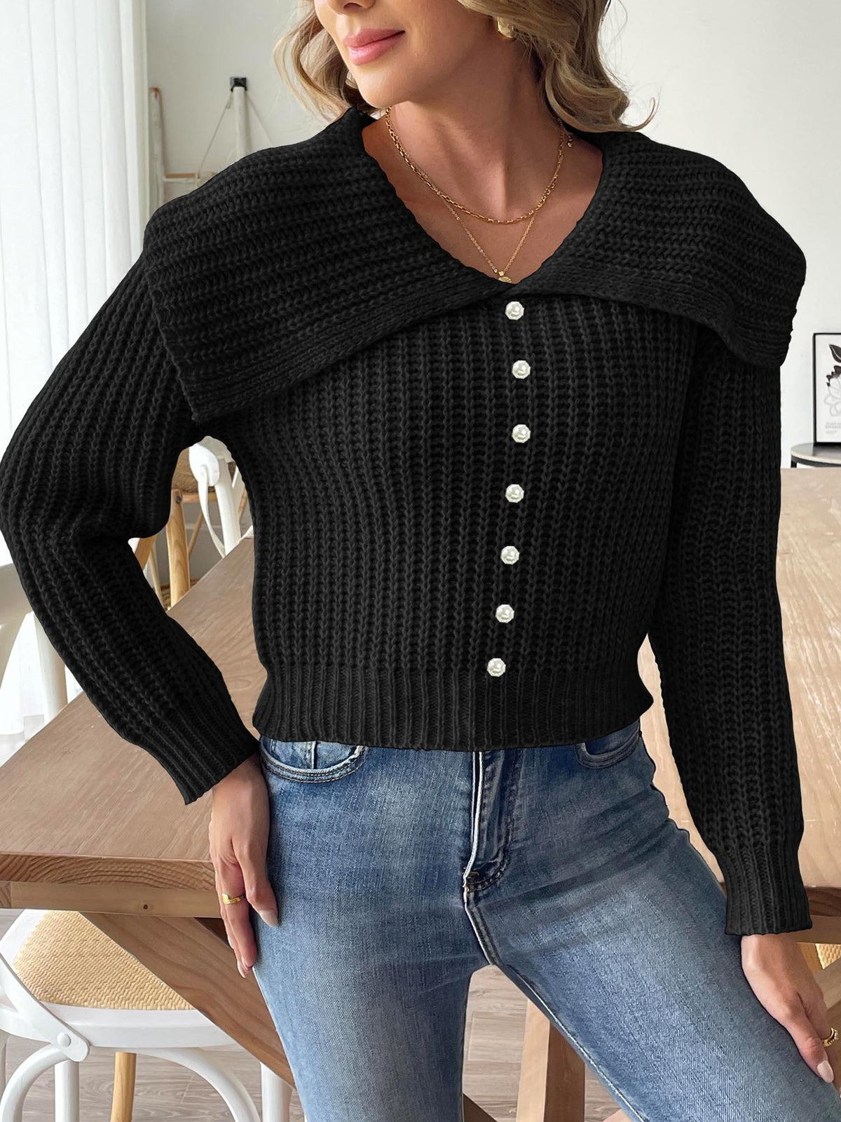 Wide Portrait Collar Ribbed Knit Jumper - Black - 3