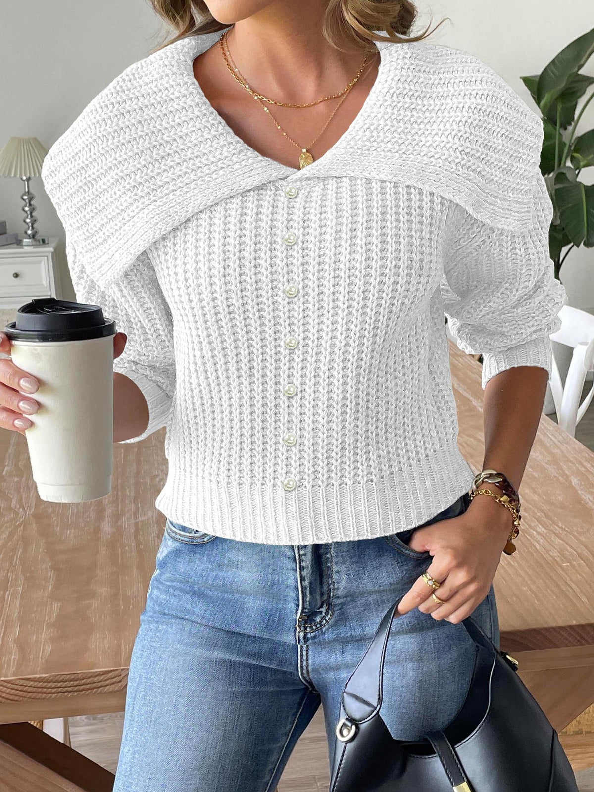 Wide Portrait Collar Ribbed Knit Jumper - White