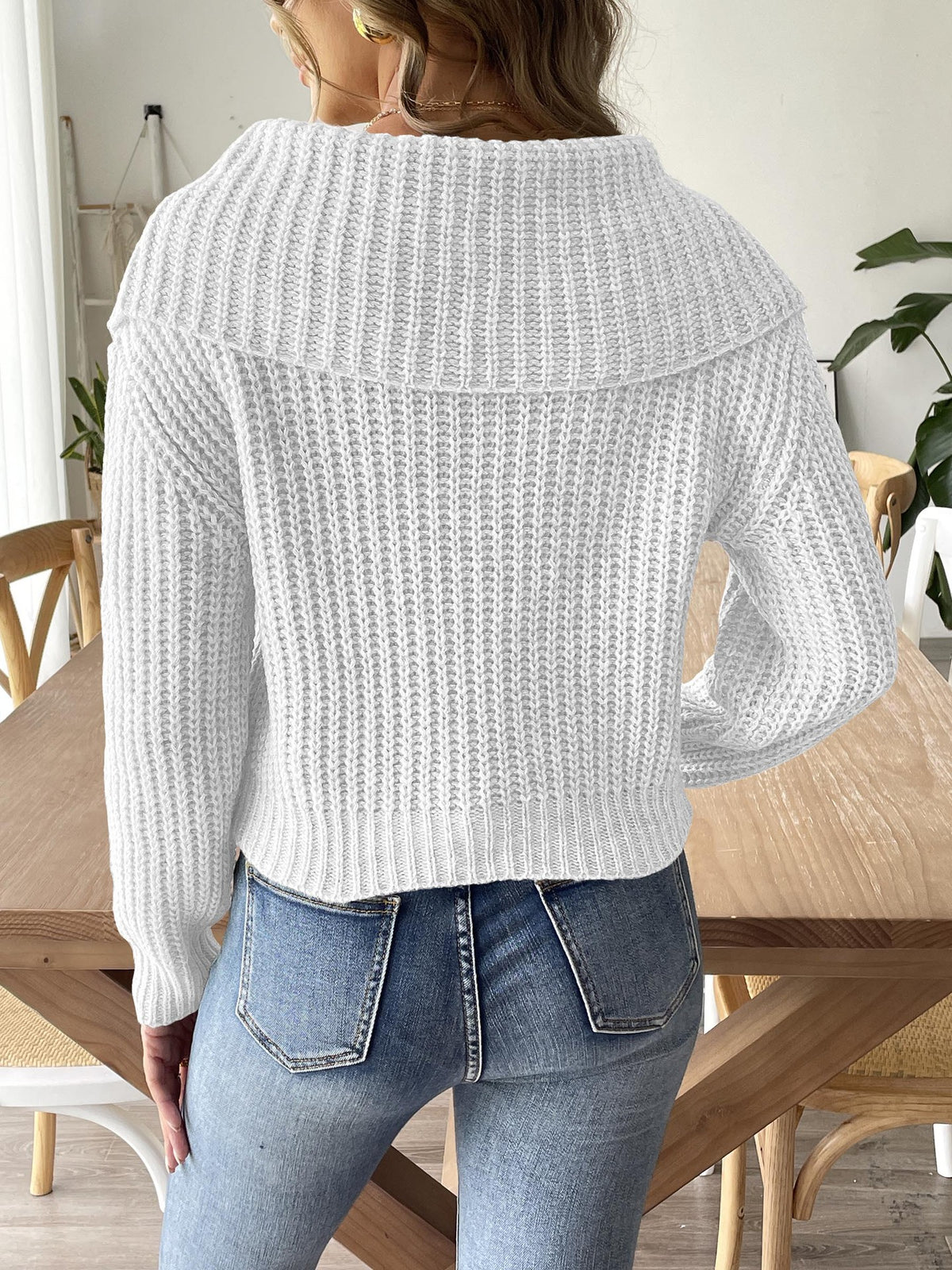 Wide Portrait Collar Ribbed Knit Jumper - White - 1