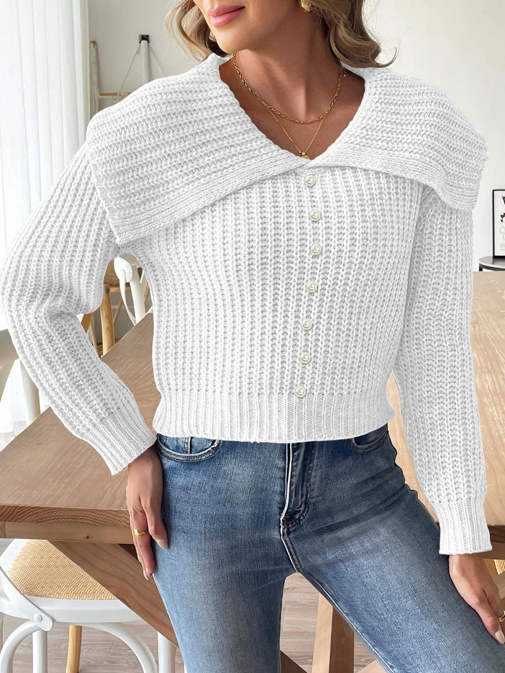 Wide Portrait Collar Ribbed Knit Jumper - White - 2