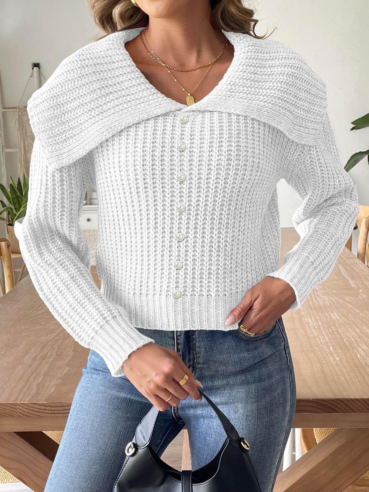 Wide Portrait Collar Ribbed Knit Jumper - White - 3
