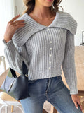 Wide Portrait Collar Ribbed Knit Jumper - ash