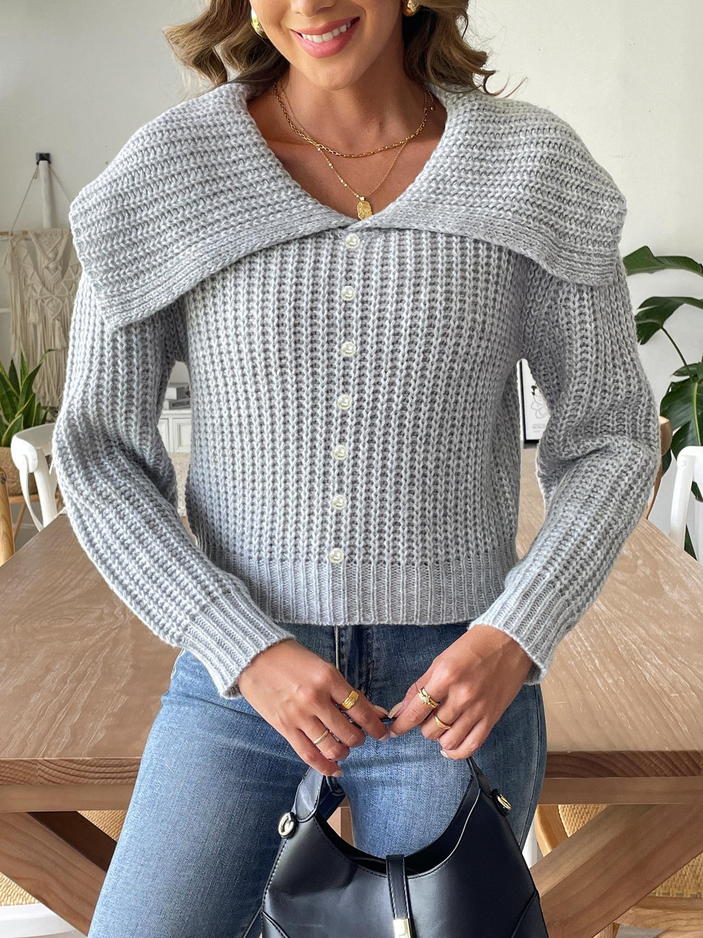 Wide Portrait Collar Ribbed Knit Jumper - ash - 3
