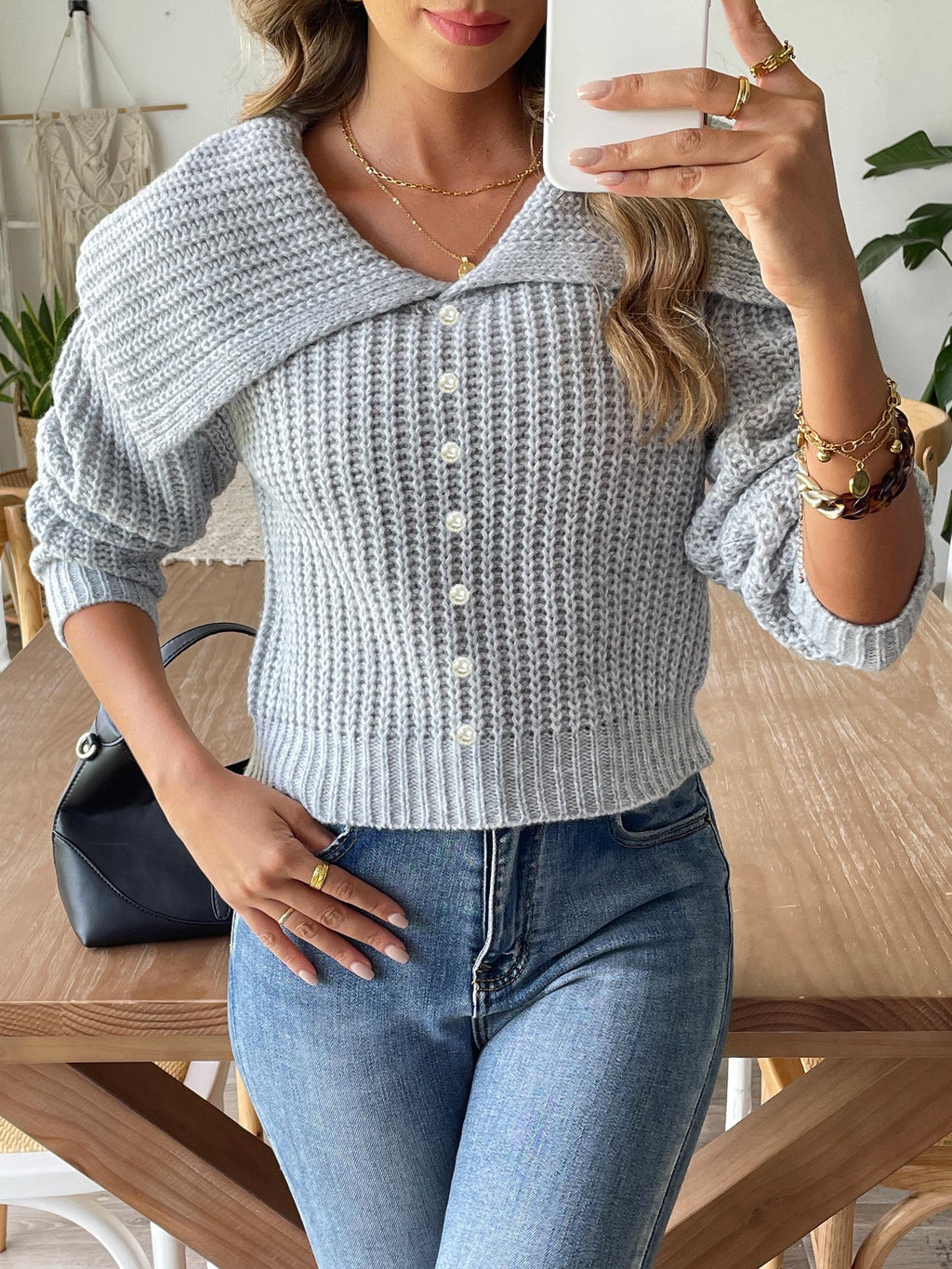 Wide Portrait Collar Ribbed Knit Jumper - ash - 4